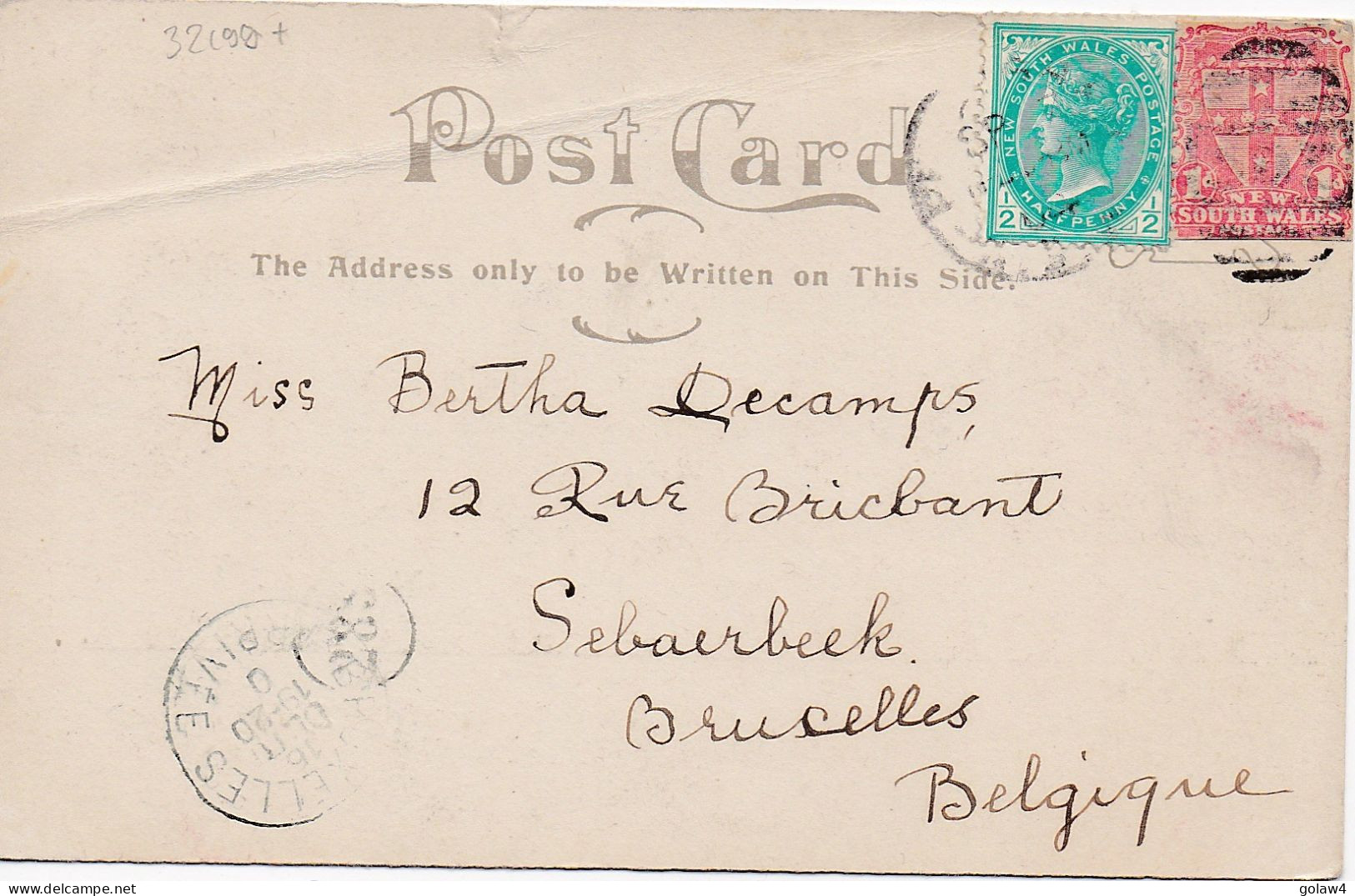 32199# AUSTRALIE NSW NEW SOUTH WALES CARTE POSTALE SYDNEY 1904 MOSMAN ' S BAY BRUXELLES Belgique - Lettres & Documents