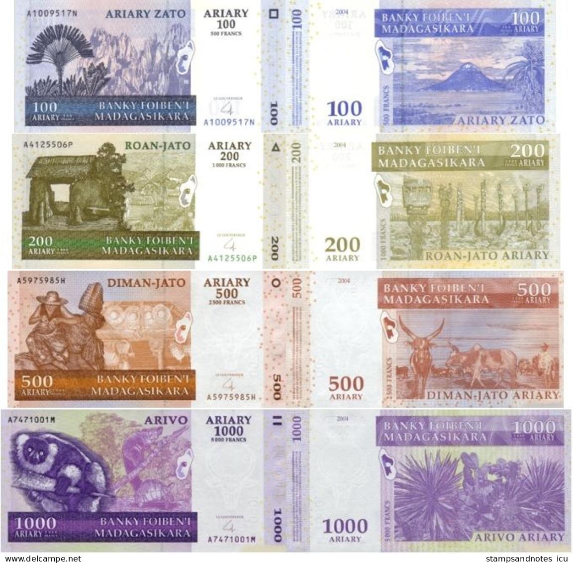 MADAGASCAR 100 200 500 1000 Ariary 2004 P 86 87 88 89 UNC Set Of 4v - Madagascar