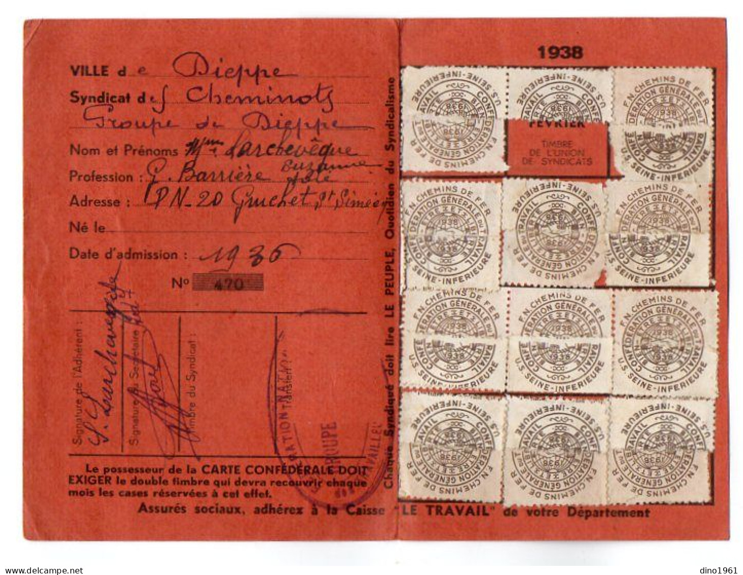 VP21.872 - DIEPPE X GRUCHET SAINT SIMEON - Carte Du Syndicat C.G.T. 1938 / Chemins De Fer / LARCHEVEQUE Garde Barrière - Other & Unclassified