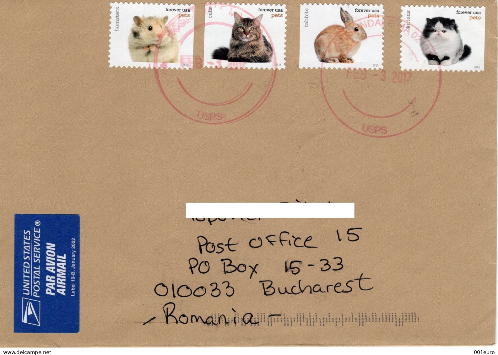 UNITED STATES 2017 : FAUNA - PETS On Circulated Cover To ROMANIA - Envoi Enregistre! Registered Shipping! - Lettres & Documents