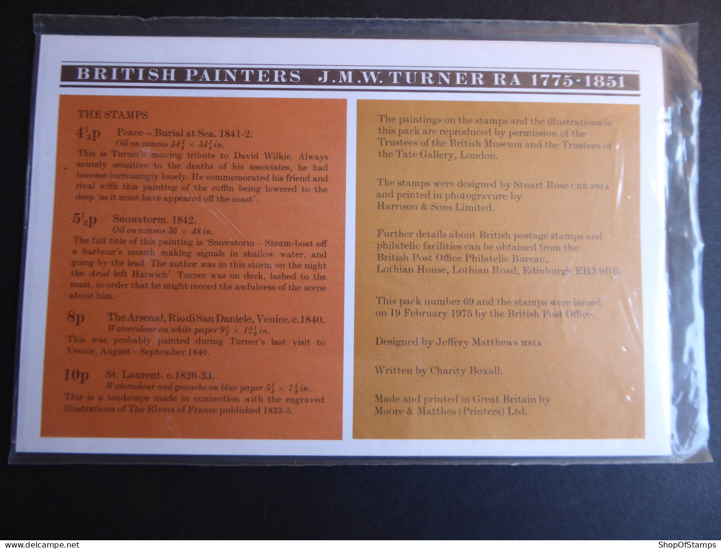 GREAT BRITAIN SG 971-74 J.M.W.TURNER BIRTH BICENTENAY PRESENTATION PACK - Sheets, Plate Blocks & Multiples