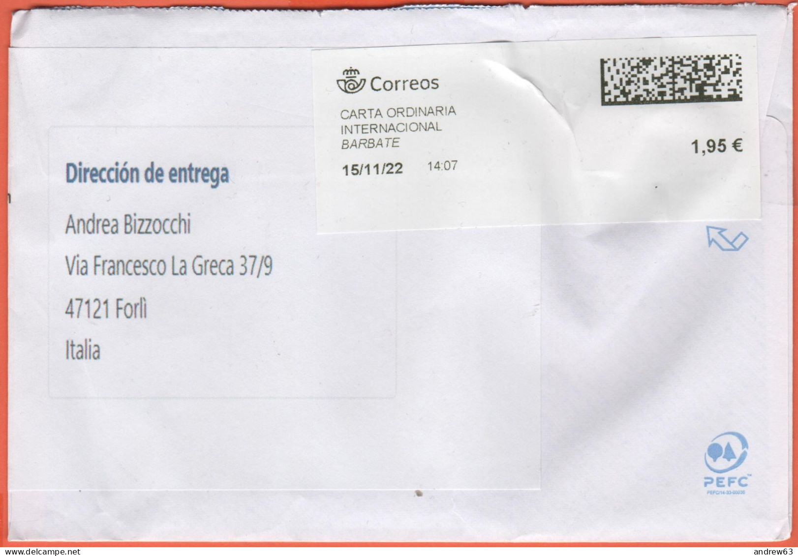 SPAGNA - ESPAÑA - Spain - Espagne - 2022 - 1,95€ Carta Ordinaria Internacional - QR Code -Viaggiata Da Barbate Per Forlì - Storia Postale