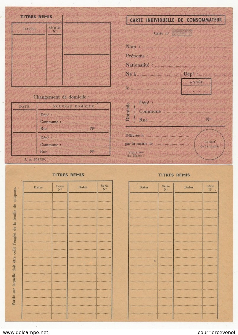 FRANCE - Carte Individuelle De Consommateur + 6 Feuillets De Tickets Ou Coupons - Non Datés ( RATIONNEMENT ) - Unclassified