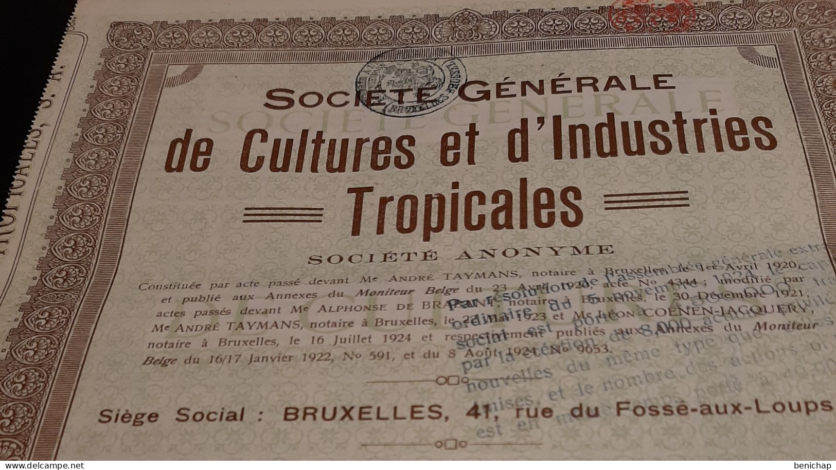 Société Générale De Culture Et D'Industries Tropicales - Action Ordinaire Au Porteur - Bruxelles Le 20 Octobre 1924. - Agricultura