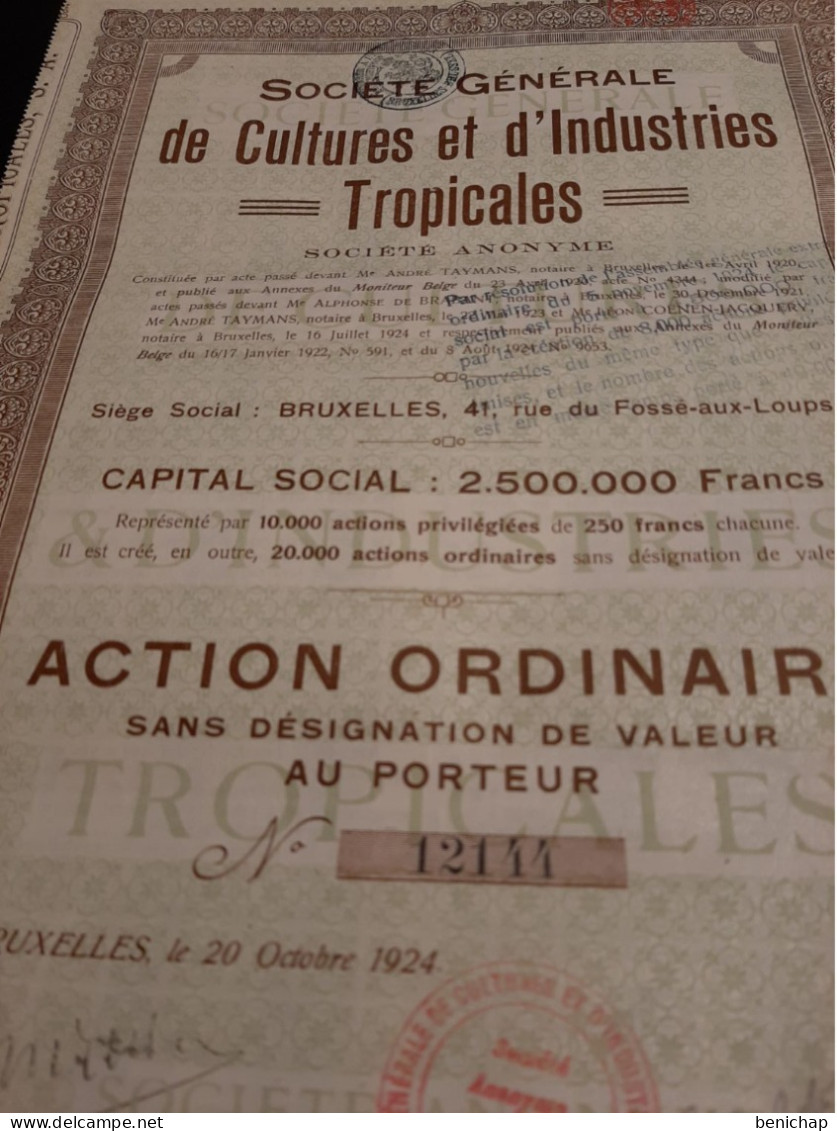Société Générale De Culture Et D'Industries Tropicales - Action Ordinaire Au Porteur - Bruxelles Le 20 Octobre 1924. - Agricultura