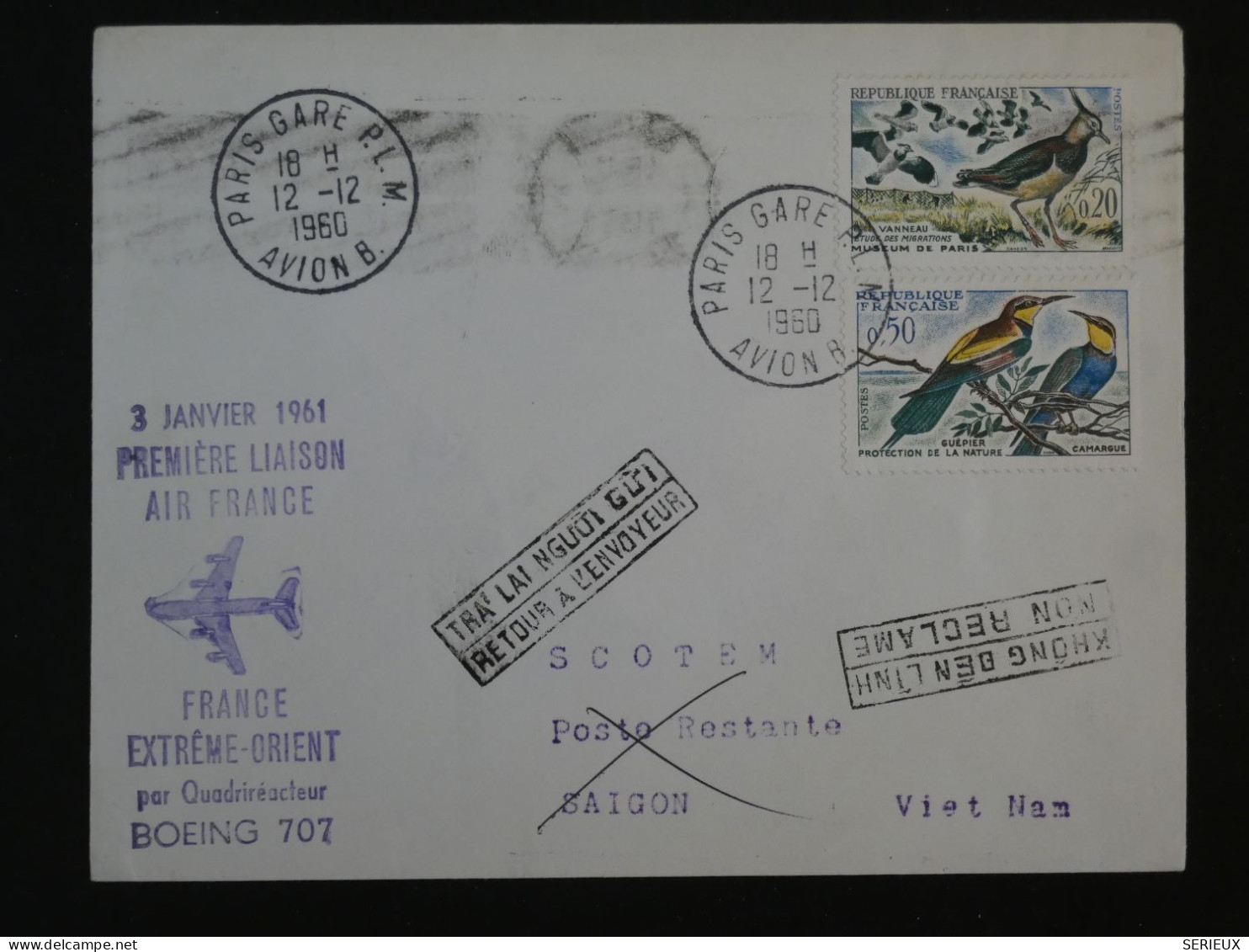 BQ16 FRANCE  BELLE LETTRE  RR 1961 1ER VOL AIR FRANCE PARIS A SAIGON VIETNAM   +AFF. PLAISANT++++ - 1960-.... Cartas & Documentos