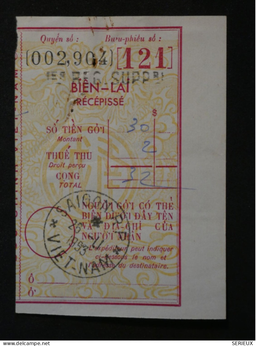 BQ16 INDOCHINE VIETNAM    RECEPISSé  POSTES RR  1953  SAIGON  +AFF. INTERESSANT+ - Cartas & Documentos