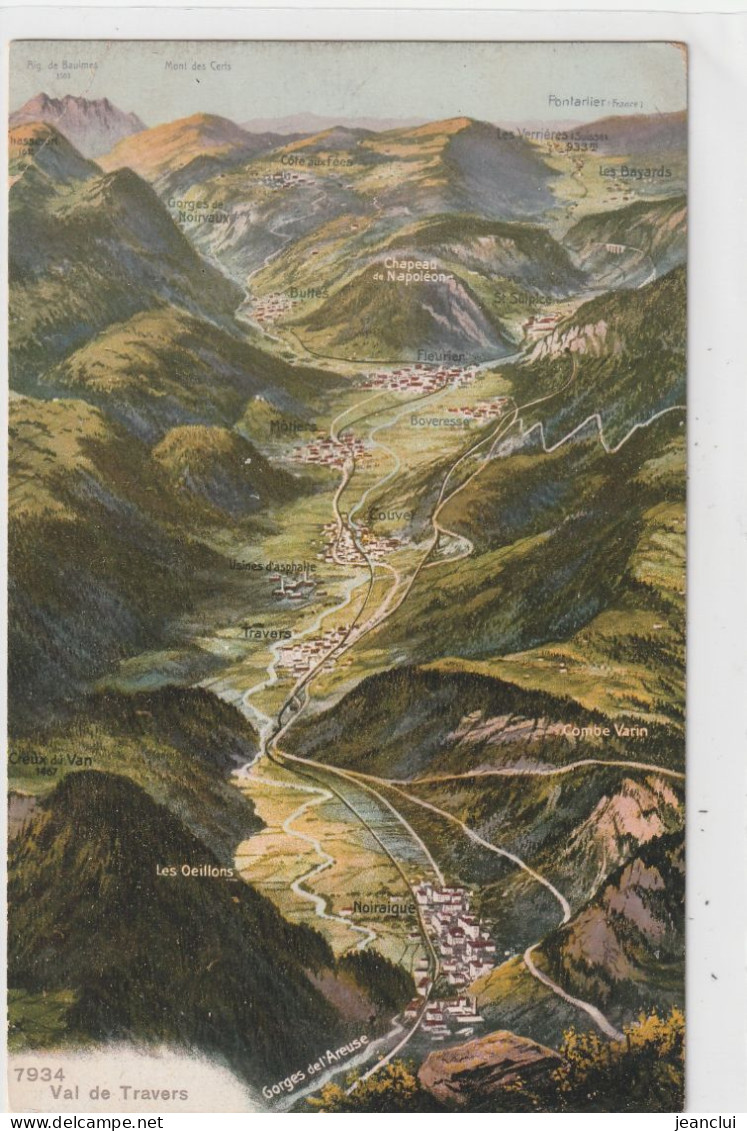 7934. VAL DE TRAVERS .  CARTE COLORISEE NON ECRITE - Travers