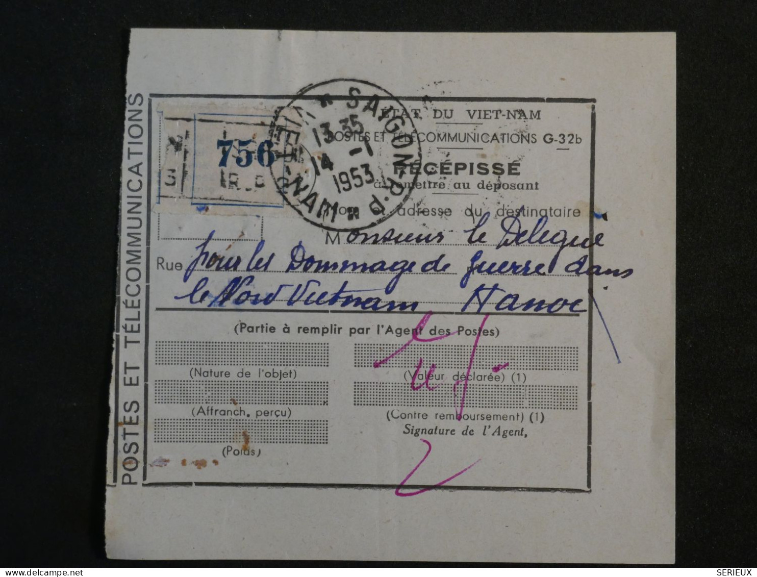 BQ16 INDOCHINE VIETNAM   RECEPISSé  POSTES RR  1953  SAIGON . HANOI  +AFF. INTERESSANT+ - Brieven En Documenten