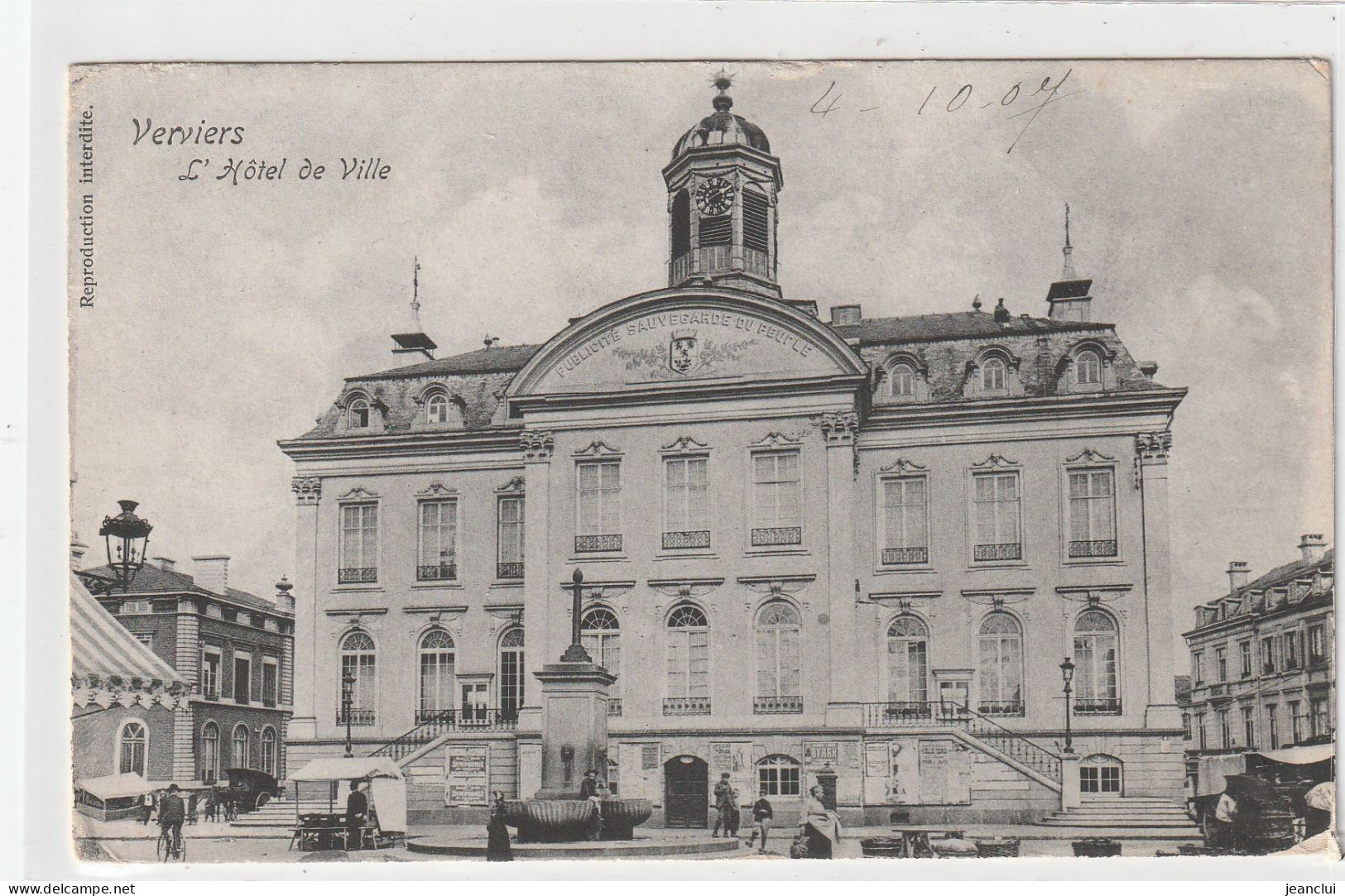 VERVIERS . L'HOTEL DE VILLE . CARTE ANIMEE AFFR AU VERSO LE 4-10-1907 .  2 SCANES - Verviers