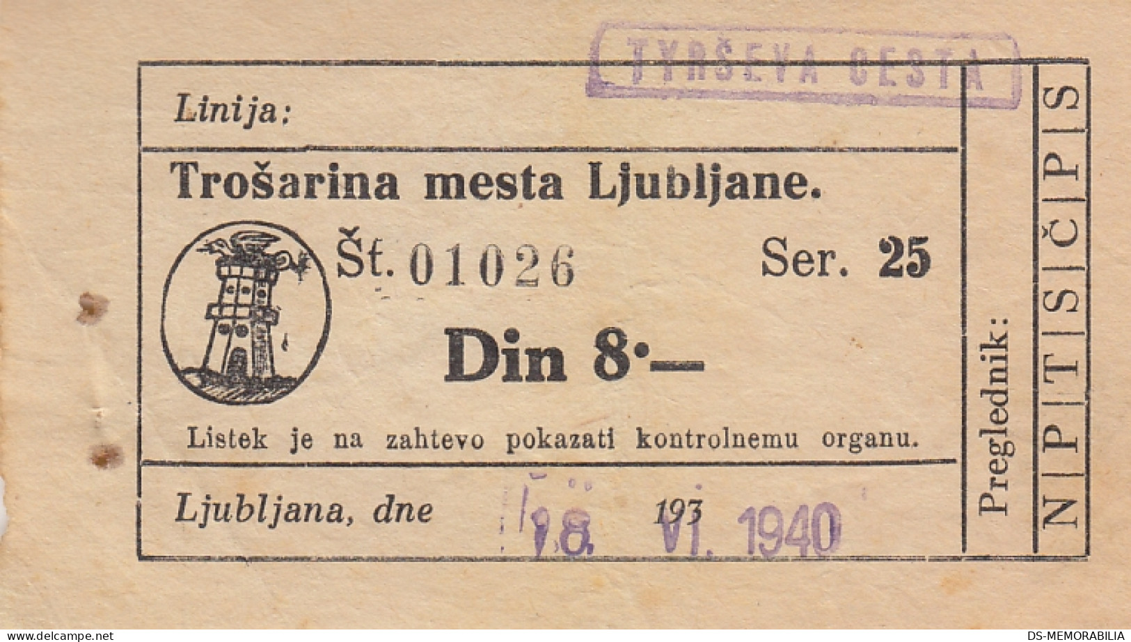 Ljubljana Slovenia 8 Dinar Tram Tramway Ticket 1940 - Europa