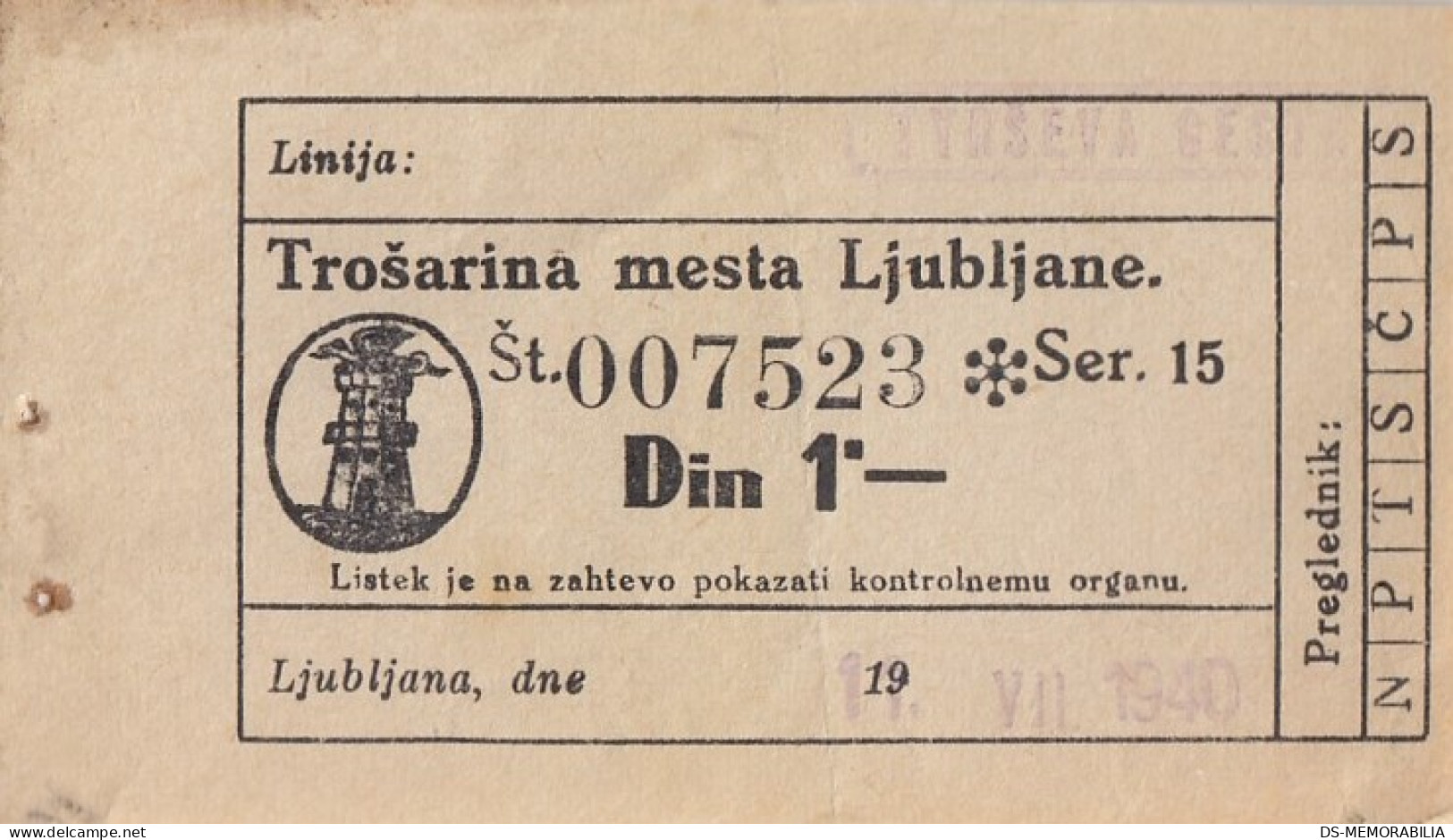 Ljubljana Slovenia 1 Dinar Tram Tramway Ticket 1940 - Europa