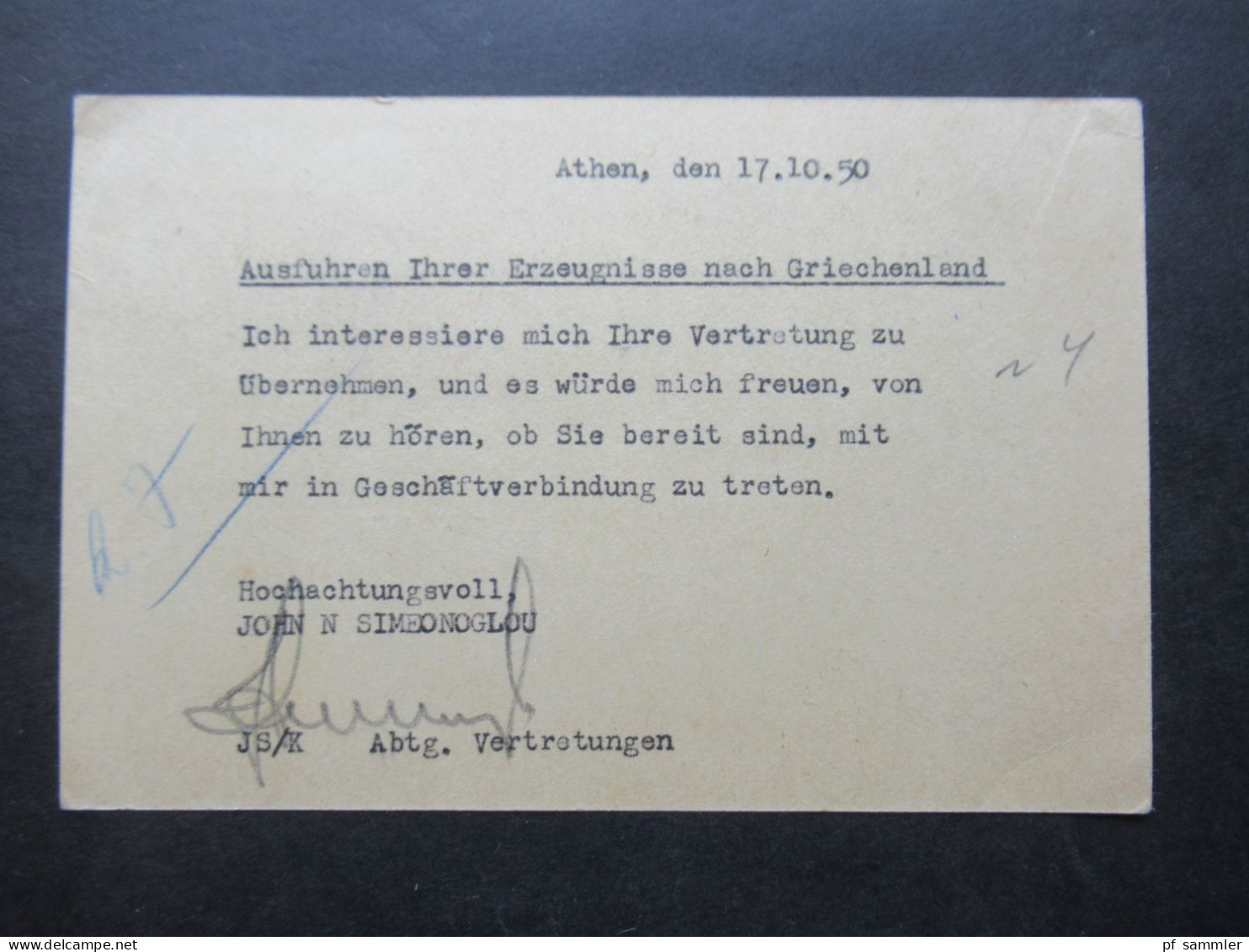 Griechenland 1950 Ganzsache Mit Zusatzfrankatur Athen - Duisburg / Auslands PK - Entiers Postaux