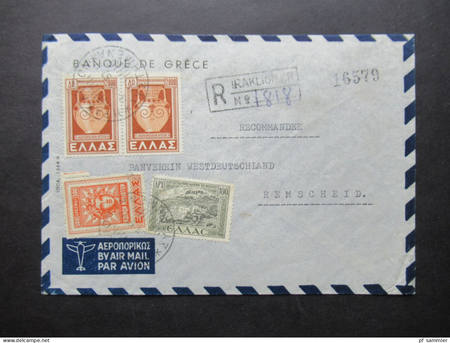 Griechenland 1952 Einschreiben Auslandsbrief / Luftpost Banque De Grece Nach Remscheid / Recommandee - Covers & Documents