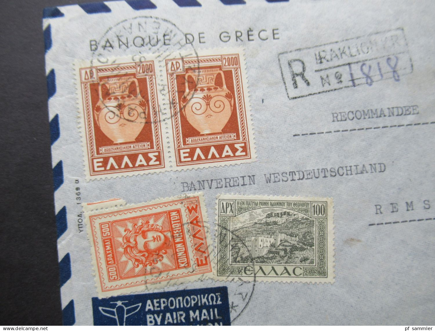 Griechenland 1952 Einschreiben Auslandsbrief / Luftpost Banque De Grece Nach Remscheid / Recommandee - Cartas & Documentos