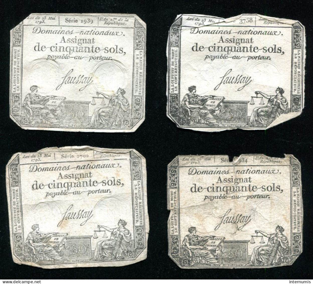 France, (Lot De 4) Assignats De 50 Sols, Domaines Nationaux, Loi Du 23 Mai 1793 - ...-1889 Tijdens De XIXde In Omloop