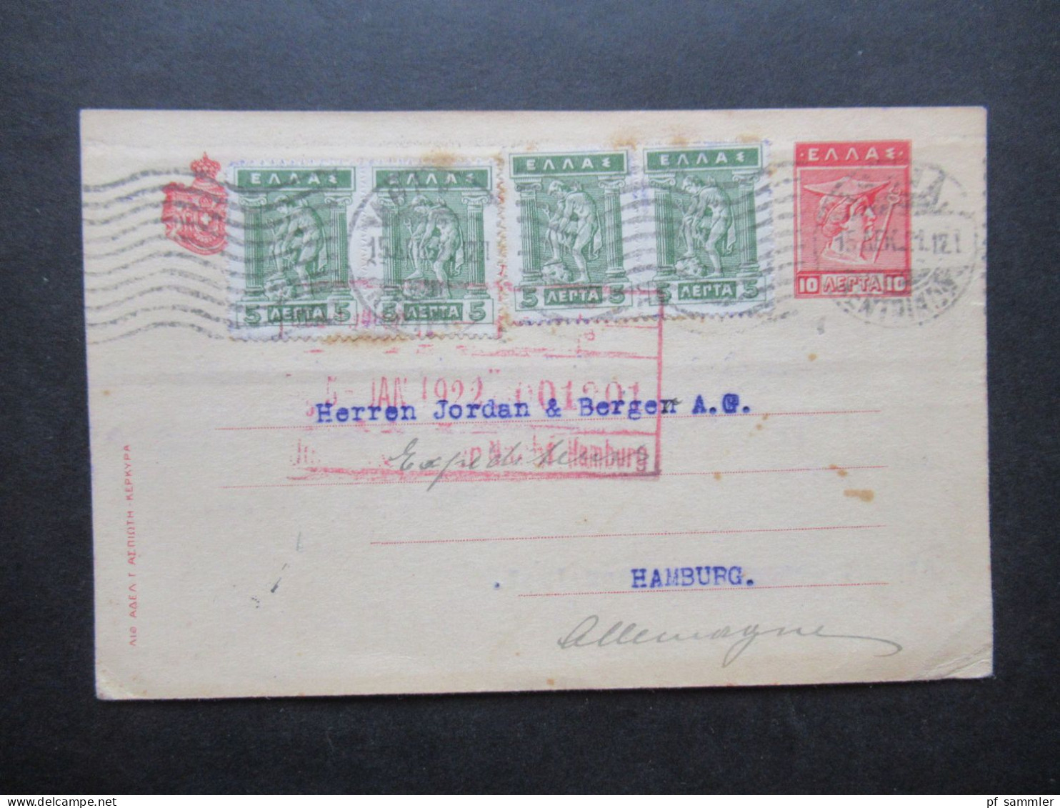 Griechenland 1921 Ganzsache Mit 4x Zusatzfrankatur Als Auslands PK Athen - Hamburg - Storia Postale