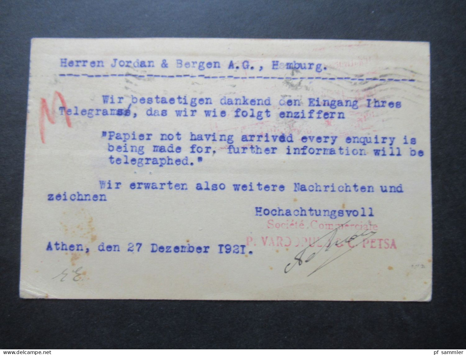 Griechenland 1921 Ganzsache Mit 4x Zusatzfrankatur Als Auslands PK Athen - Hamburg - Storia Postale