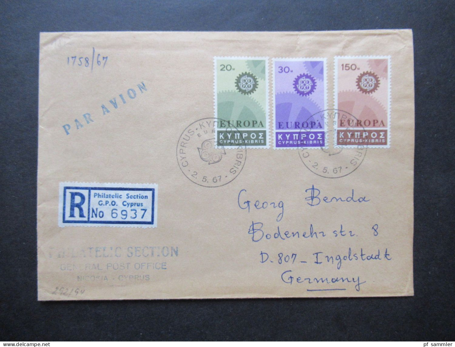 Zypern / Cyprus Kibris 1967 Europa Marken Einschreiben Philatelic Section GPO Cyprus Nach Ingolstadt - 1967