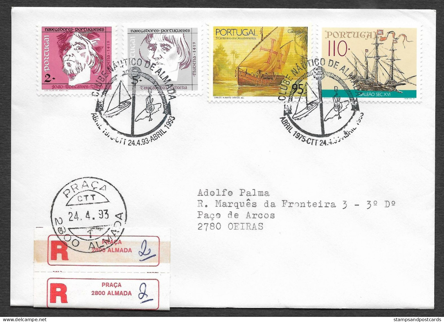 Portugal Lettre Recommandée Cachet Commemoratif Club Nautique Almada Ancre 1993 R Cover Event Postmark Nautical Anchor - Flammes & Oblitérations