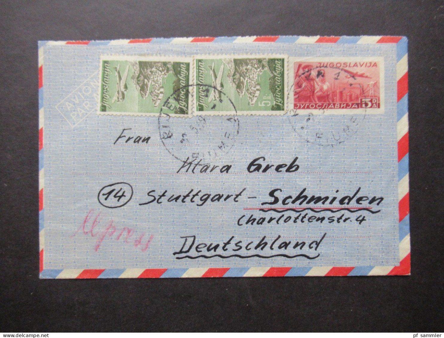 Jugoslawien / Jugoslavija Luftpost Umschlag / GA Umschlag Mit 2 Zusatzfrankaturen Stempel Fiume Nach Stuttgart - Storia Postale