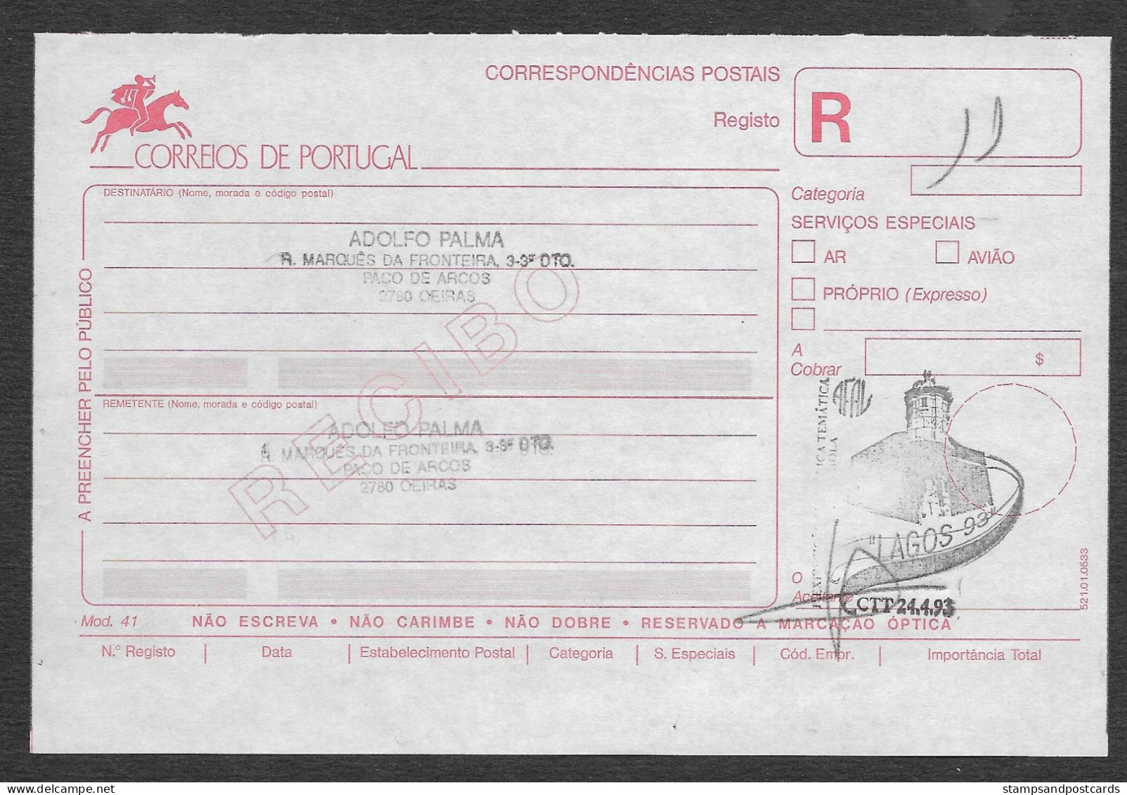 Portugal Lettre Recommandée Cachet Commémoratif Fort Lagos Algarve Expo Philatelique 1993 R Cover Fortress Stamp Expo - Postal Logo & Postmarks