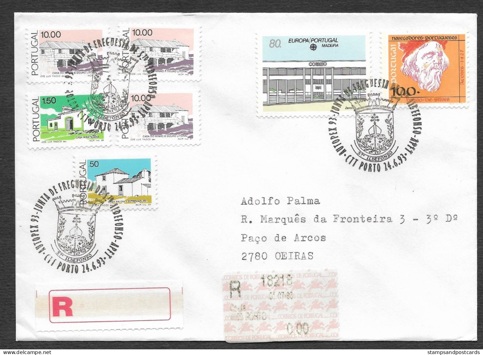 Portugal Lettre Recommandée Cachet Commemoratif 1993 Armoires Santo Ildefonso Coat Of Arms Porto R Cover Event Pmk - Flammes & Oblitérations
