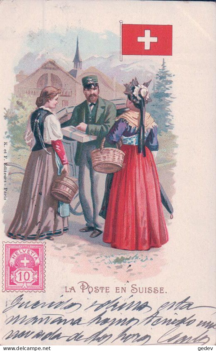 La Poste En Suisse, Facteur, Timbre, Armoirie Et Dames En Longue Robe, Litho (18.2.1901) - Poste & Facteurs