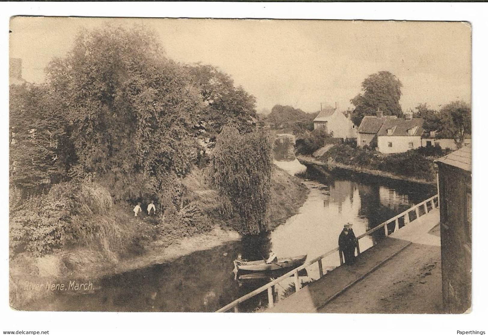 Postcard, Cambridgeshire, Ely, March, River Nene, Boat, House, People, Landscape, 1910. - Ely