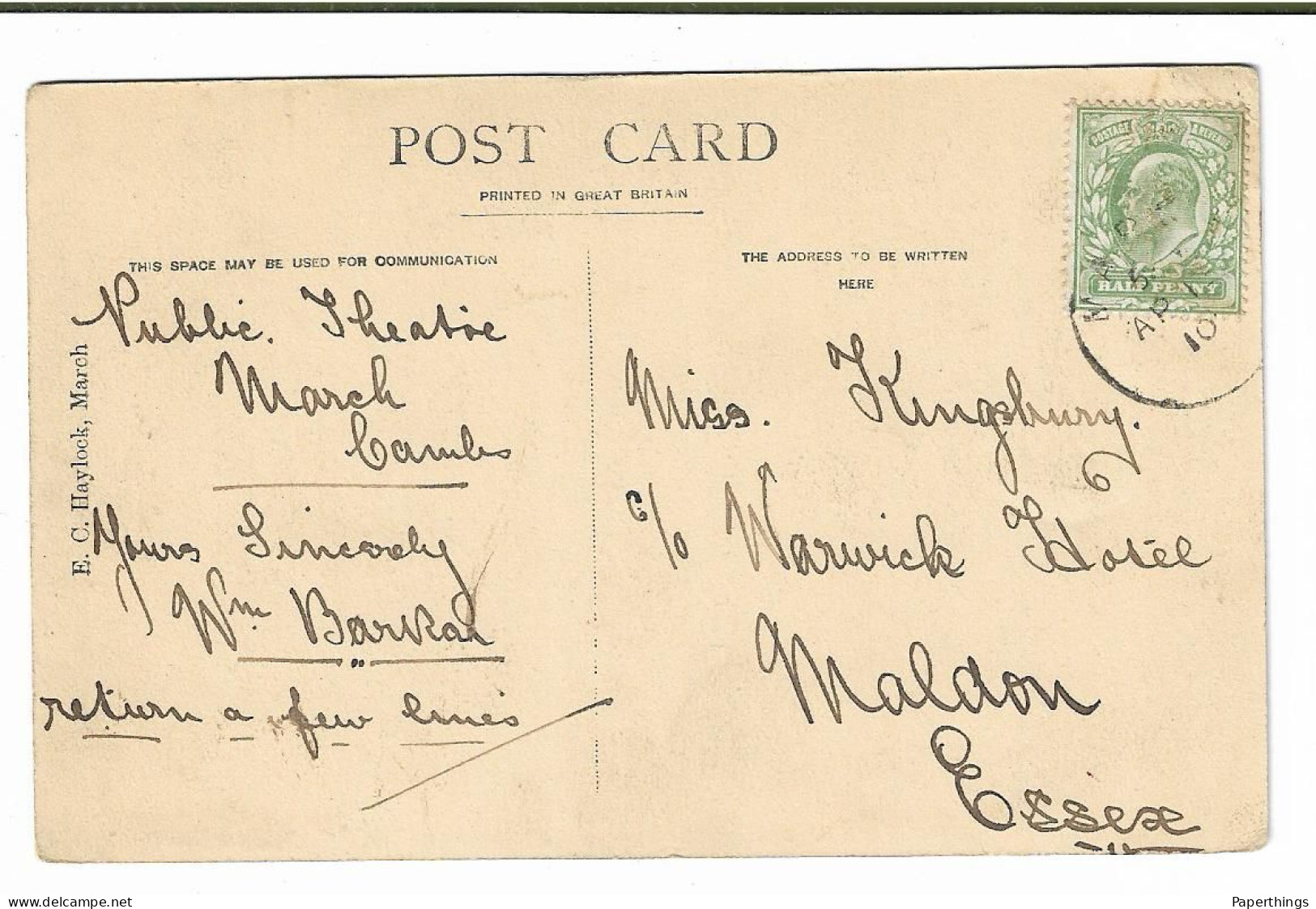 Postcard, Cambridgeshire, Ely, March, River Nene, Boat, House, People, Landscape, 1910. - Ely