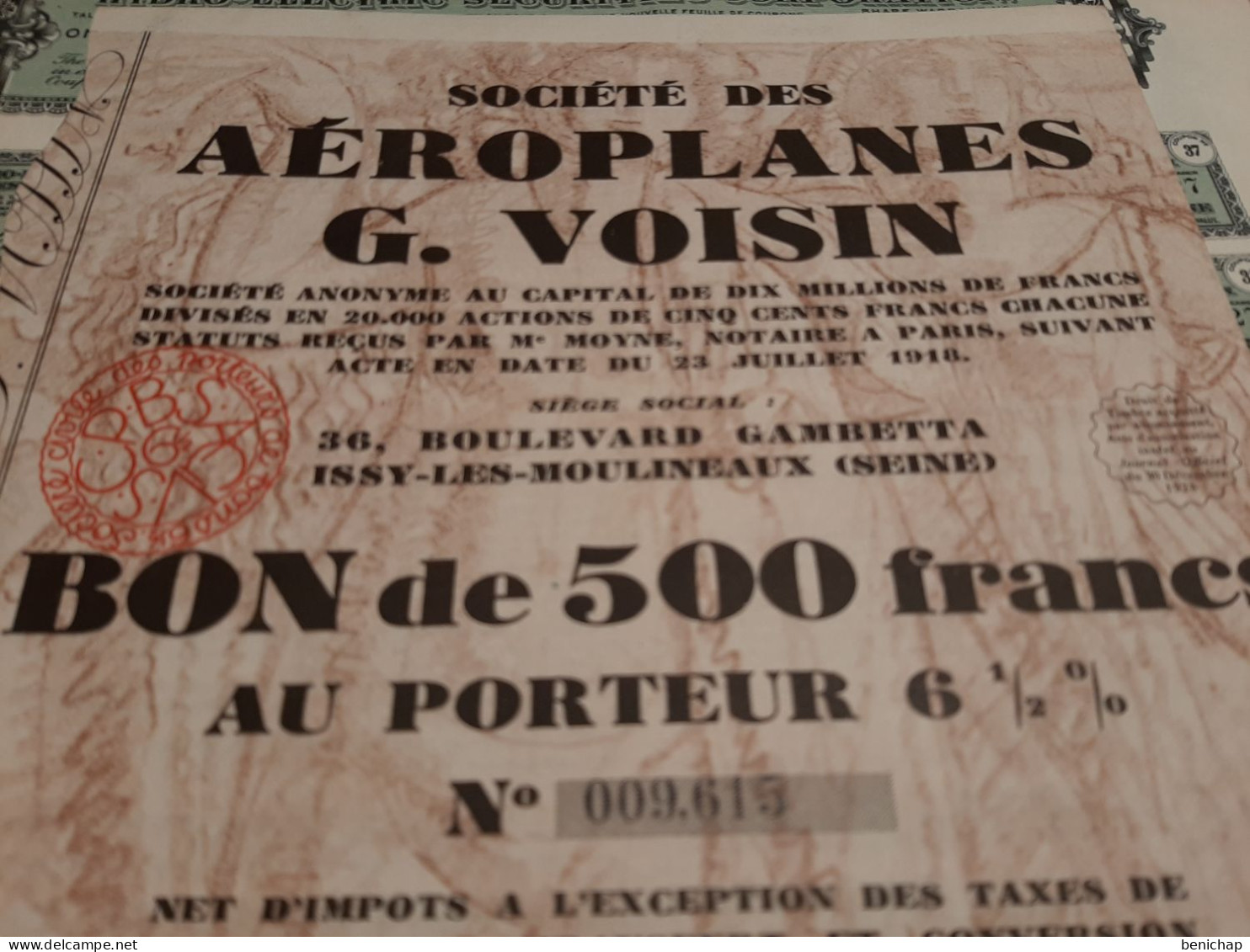 Société Des Aéroplanes G.Voisin - Bon De  500 Frs. Au Porteur 61/2 % - Issy-les-Moulineaux (Seine) - 15 Décembre 1928. - Aviazione