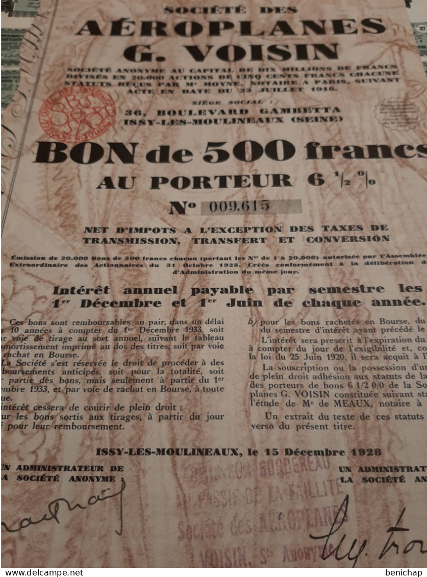 Société Des Aéroplanes G.Voisin - Bon De  500 Frs. Au Porteur 61/2 % - Issy-les-Moulineaux (Seine) - 15 Décembre 1928. - Aviation