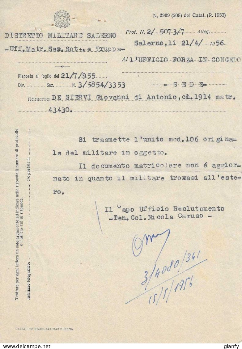 DISTRETTO MILITARE SALERNO 1956 - Documents