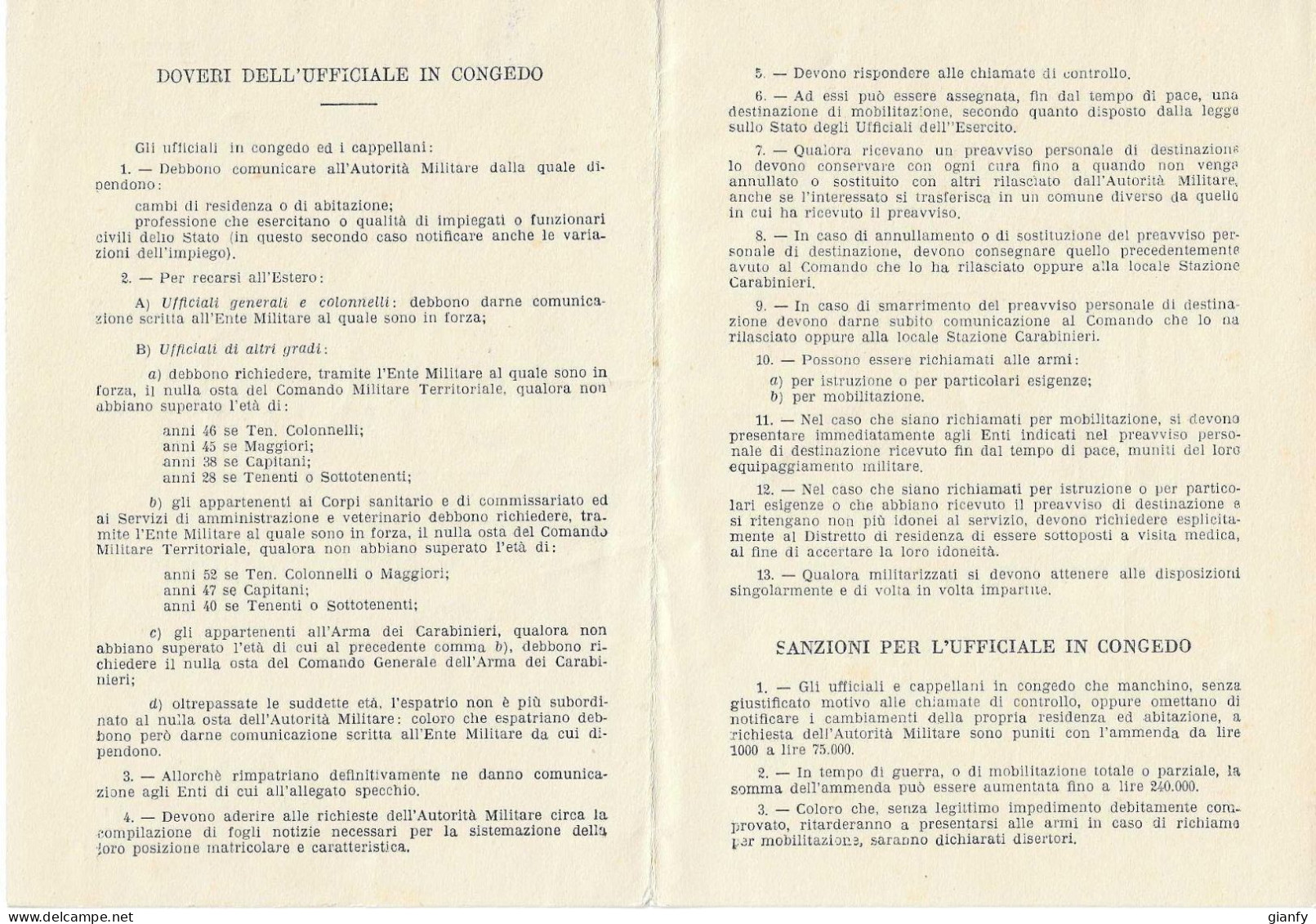MINISTERO DELLA DIFESA - DOVERI DELL'UFFICIALE IN CONGEDO 1952 - Documents