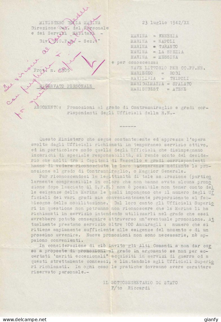 MINISTERO DELLA MARINA PROMOZIONI AL GRADO DI CONTRAMMIRAGLIO 1942 COMUNICAZIONE RISERVATA - Documents