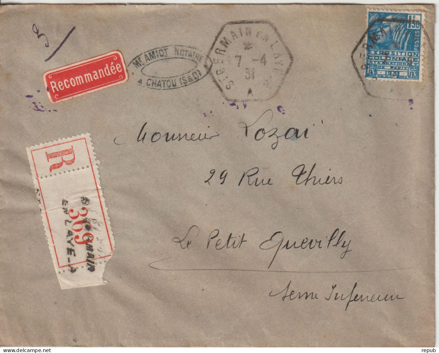 France Lettre Recommandée 1931 De St Germain En Laye Pour Petit Quevilly Avec 273 - 1921-1960: Modern Tijdperk