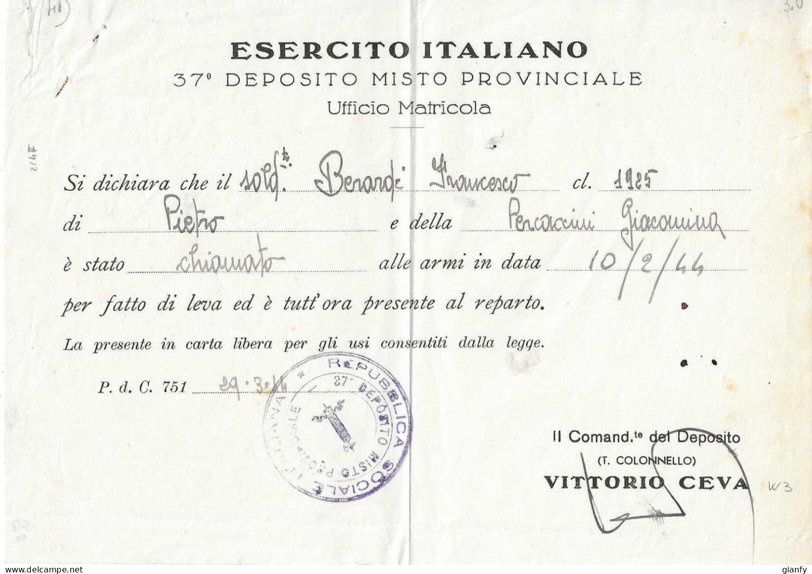 R.S.I. REPUBBLICA SOCIALE ITALIANA 37° DEPOSITO MISTO PROVINCIALE - POSTA DA CAMPO N. 751 BOLOGNA 1944 - Documents