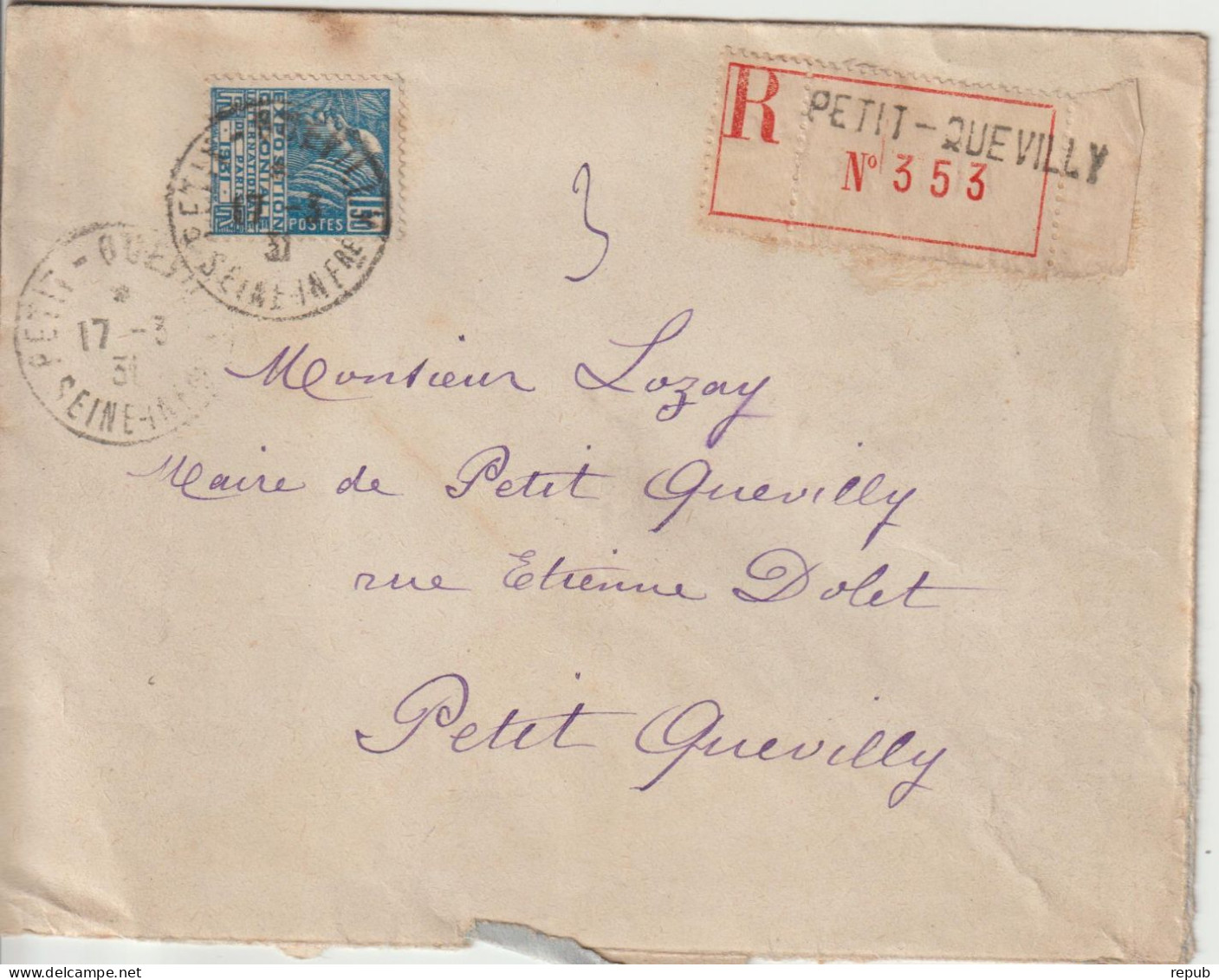 France Lettre Recommandée 1931 Petit Quevilly Pour Petit Quevilly Avec 273 - 1921-1960: Moderne