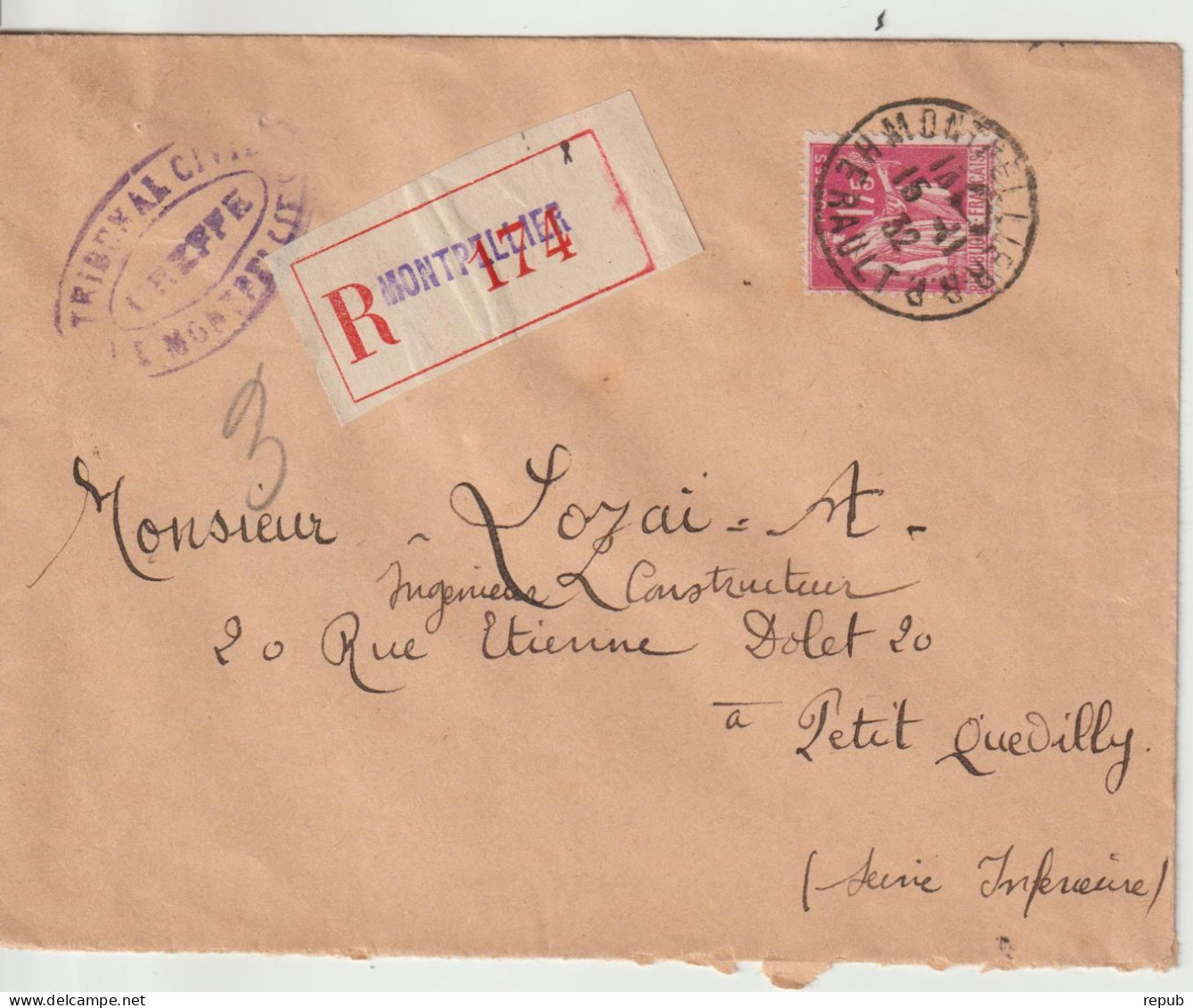 France Lettre Recommandée 1932 Montpellier Pour Petit Quevilly Avec 289 - 1921-1960: Periodo Moderno