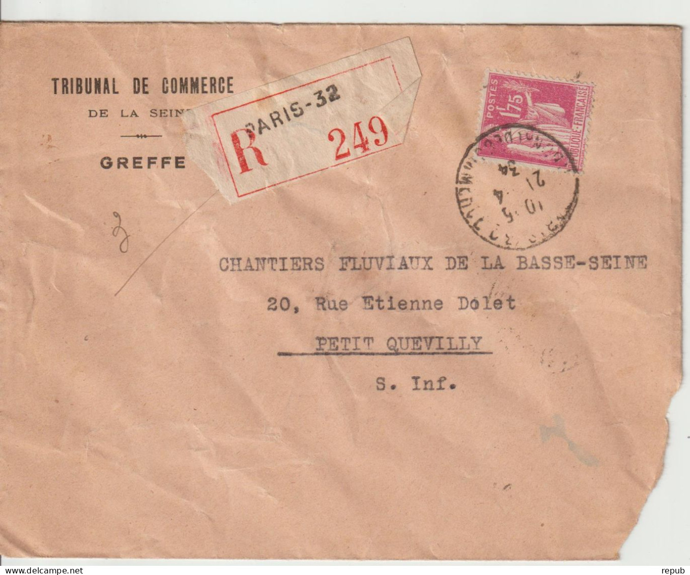 France Lettre Recommandée 1934 Paris 32 Pour Petit Quevilly Avec 289 - 1921-1960: Période Moderne