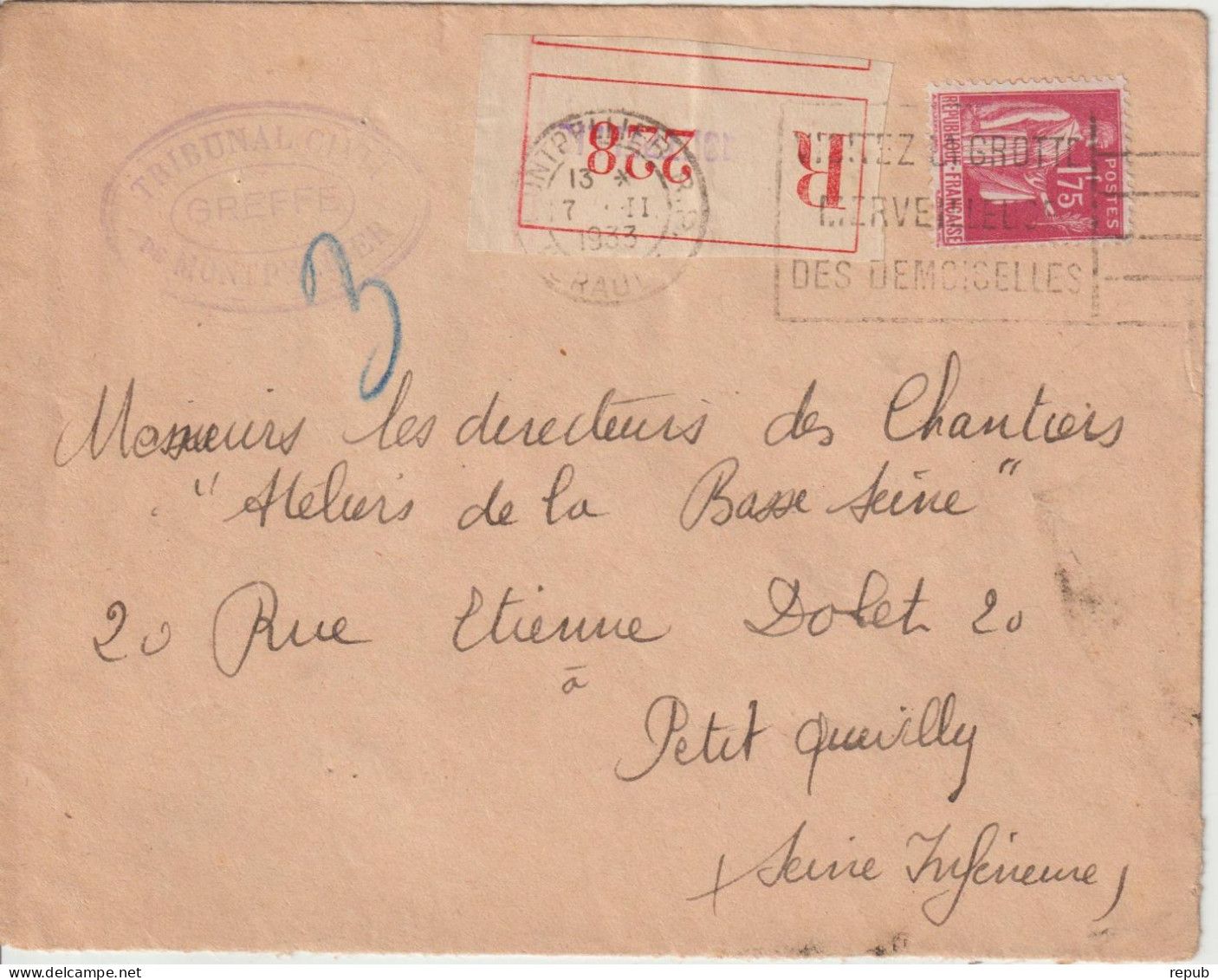 France Lettre Recommandée 1933 Montpellier Pour Petit Quevilly Avec 289 - 1921-1960: Periodo Moderno