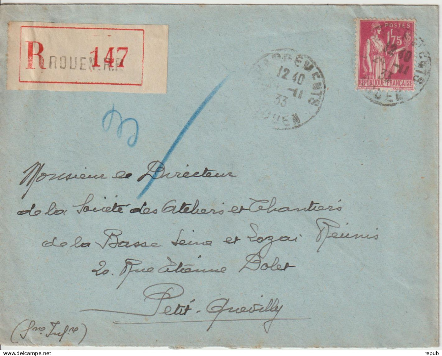 France Lettre Recommandée 1933 Rouen Pour Petit Quevilly Avec 289 - 1921-1960: Période Moderne