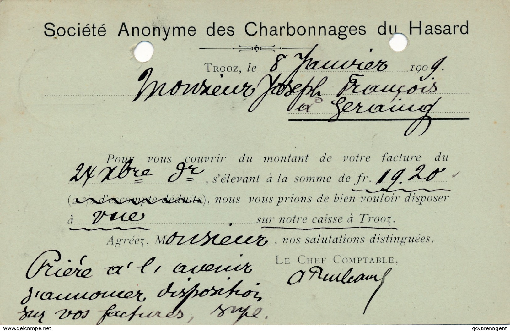 TROOZ   CARTE DE  COMMERCE  -  CHARBONNAGE DU HASARD         2 SCANS - Trooz