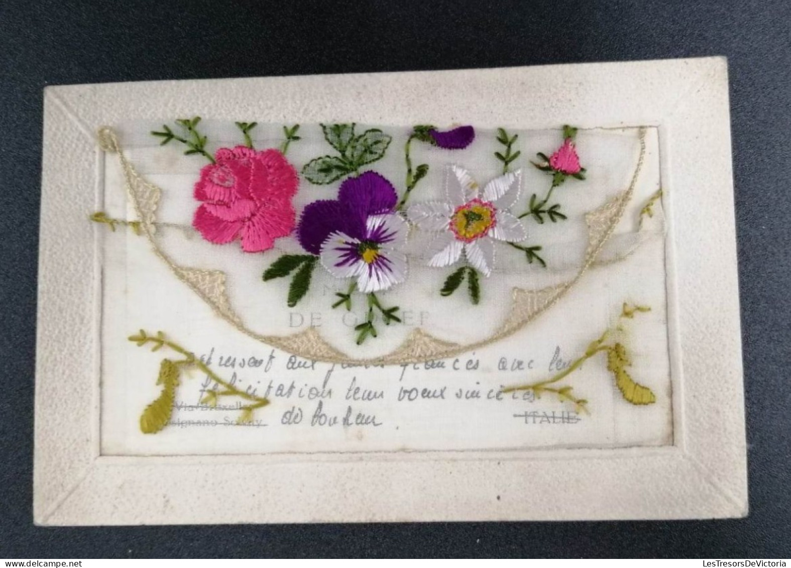 Carte Brodée - Fleurs - Pochette - Cadre Relief - Carte Postale Ancienne - Ricamate