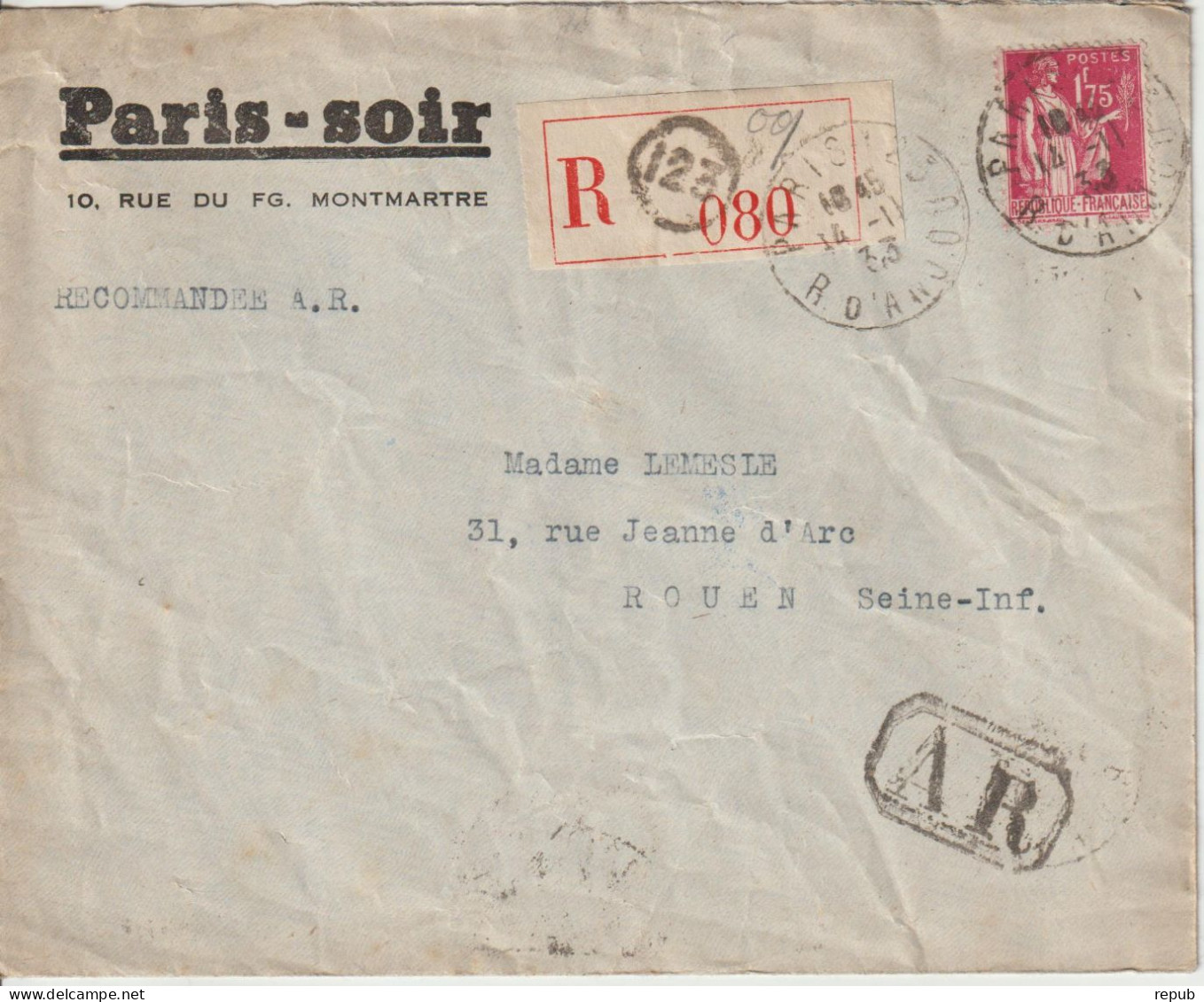 France Lettre Recommandée 1933 Paris 123 Pour Rouen Avec 289 - 1921-1960: Periodo Moderno