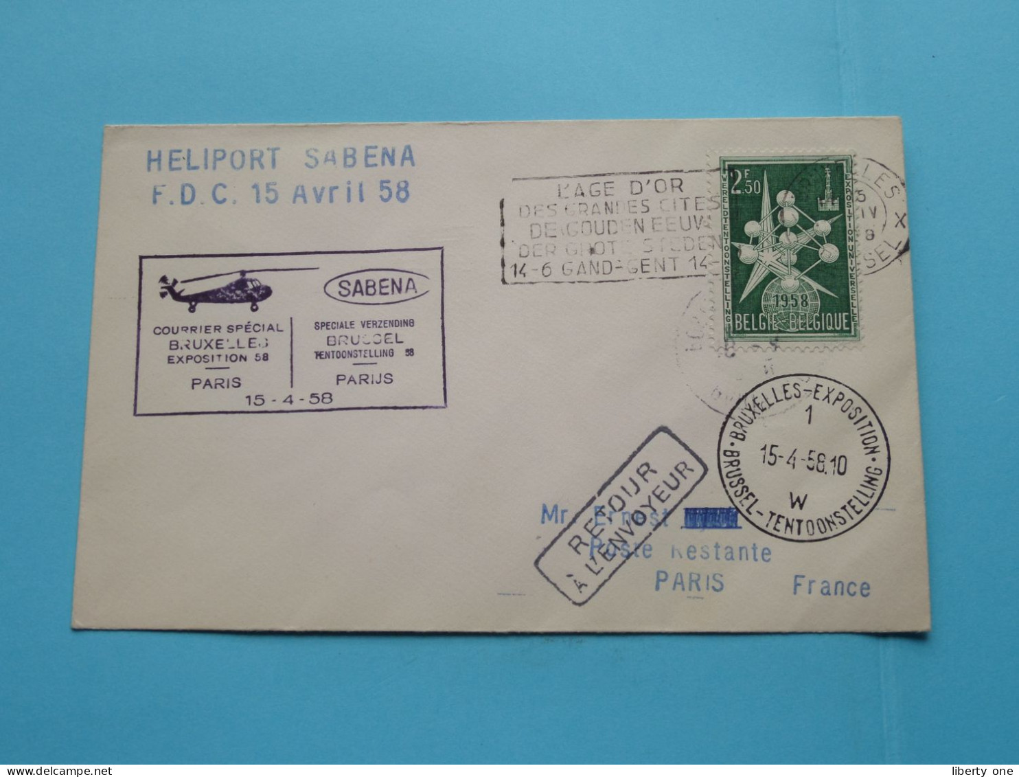 Heliport SABENA  > F.D.C. 15 Avril 1958 > PARIS France ( Edit.: EXPO ) > ( Voir / See Scans ) ! - 1958 – Brussels (Belgium)