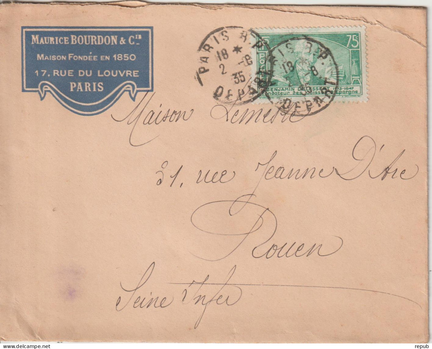 France Lettre 1935 Paris Pour Rouen Avec Delessert 303 Seul Sur Lettre - 1921-1960: Période Moderne