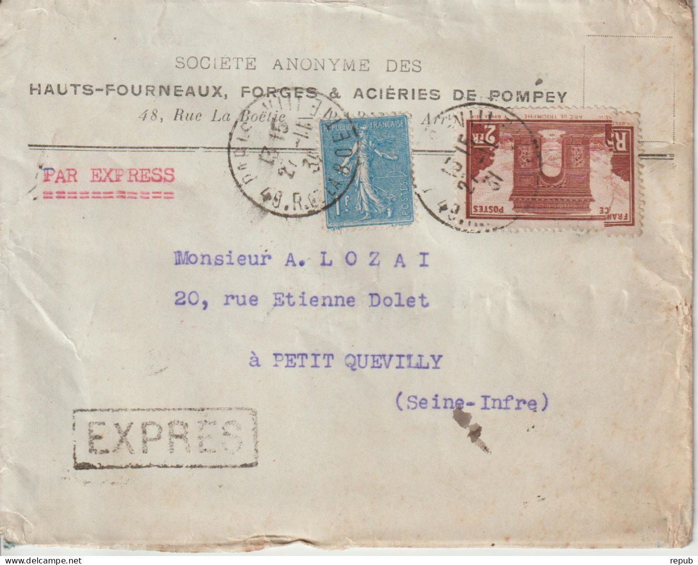 France Lettre Express 1931 De Paris Pour Petit Quevilly - 1921-1960: Moderne
