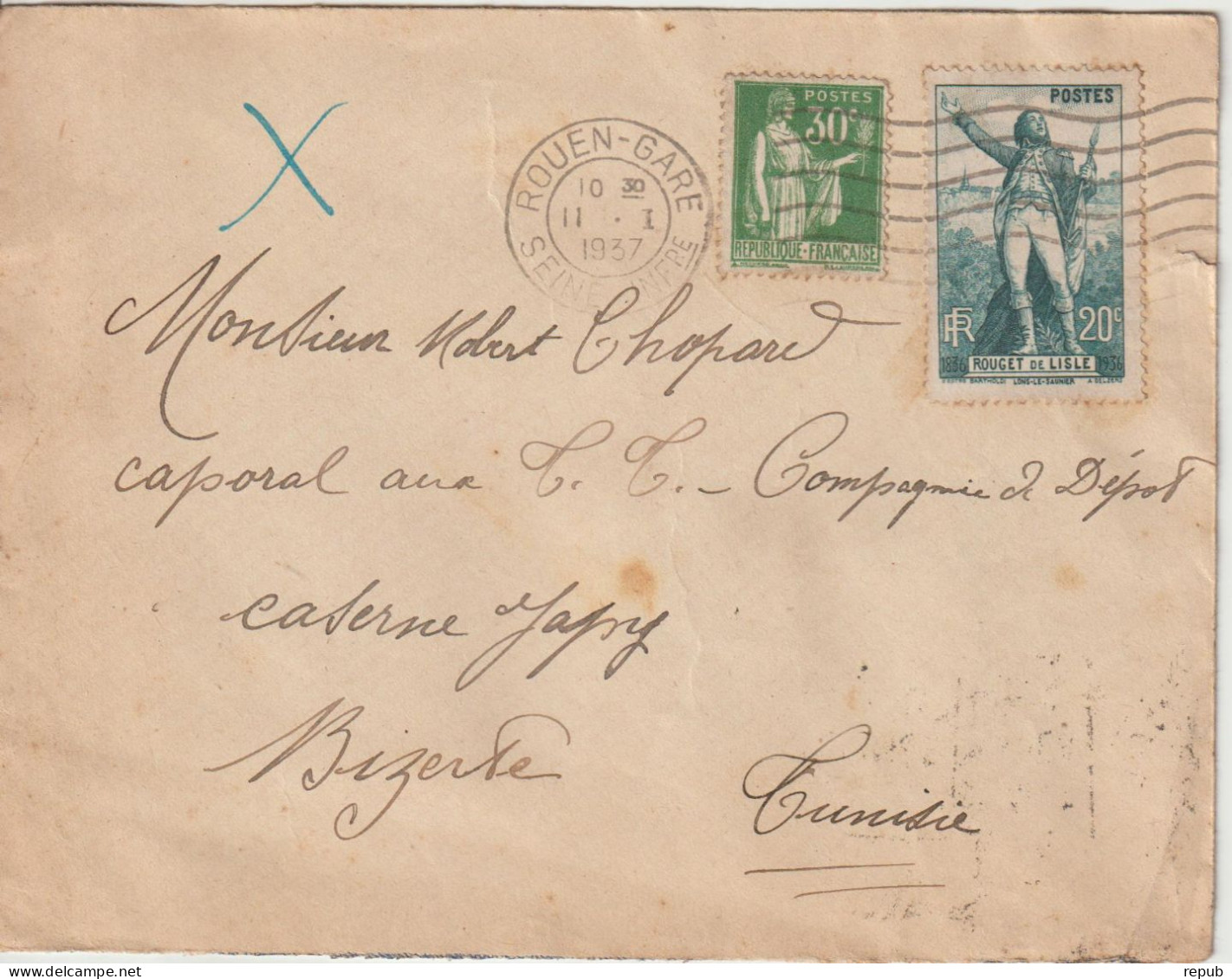 France Lettre 1937 De Rouen Pour Bizerte Tunisie - 1921-1960: Modern Tijdperk