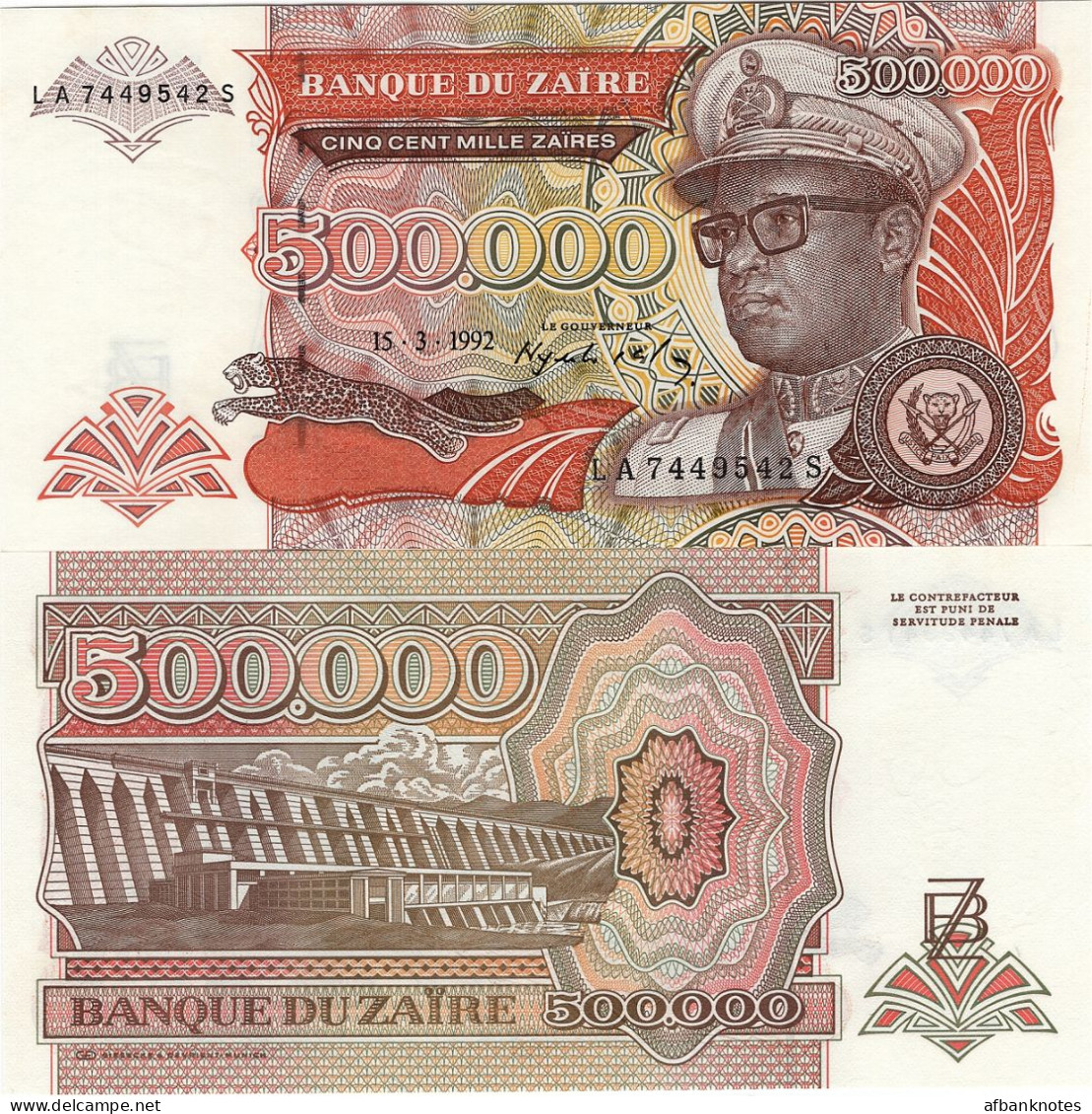 ZAIRE       500,000 Zaïres        P-43       15.3.1992        UNC  [500000] - Zaïre